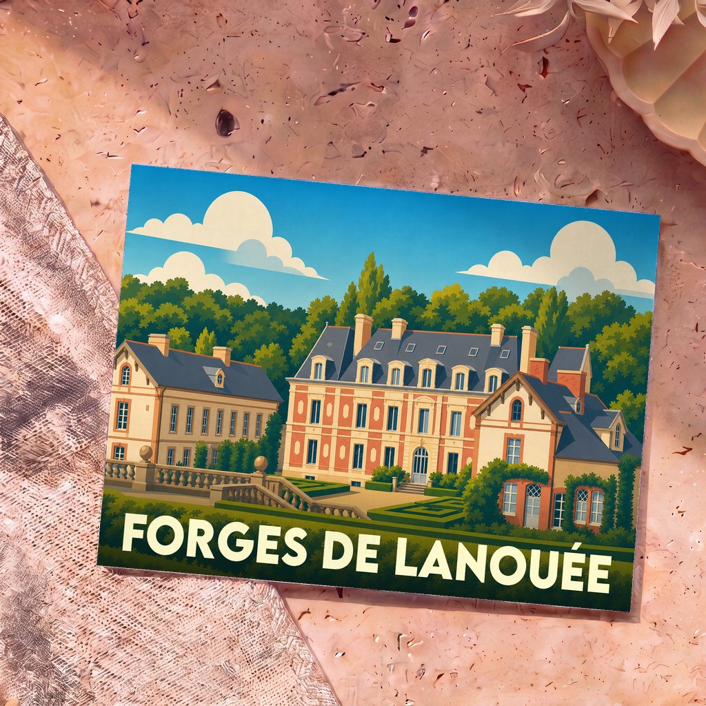 Carte postale souvenir de la ville de Forges de Lanouée avec une illustration stylisée de son patrimoine architectural.