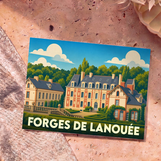 Carte postale souvenir de la ville de Forges de Lanouée avec une illustration stylisée de son patrimoine architectural.