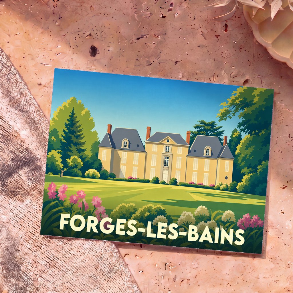 Carte postale souvenir de la ville de Forges-les-Bains représentant une illustration stylisée de son château.
