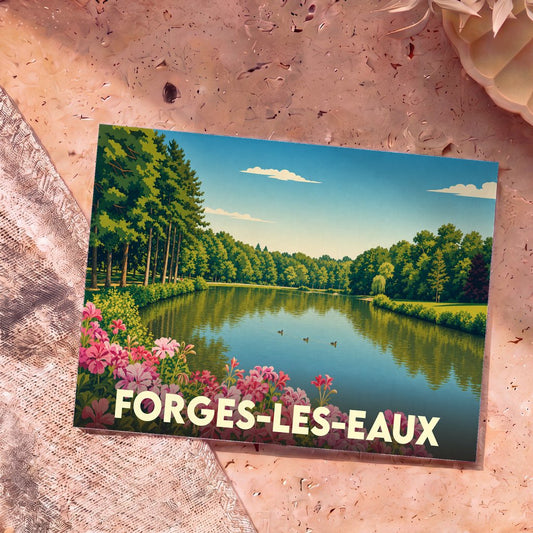 Carte postale souvenir de la ville de Forges-les-Eaux avec une illustration stylisée d'un lac entouré de forêt.