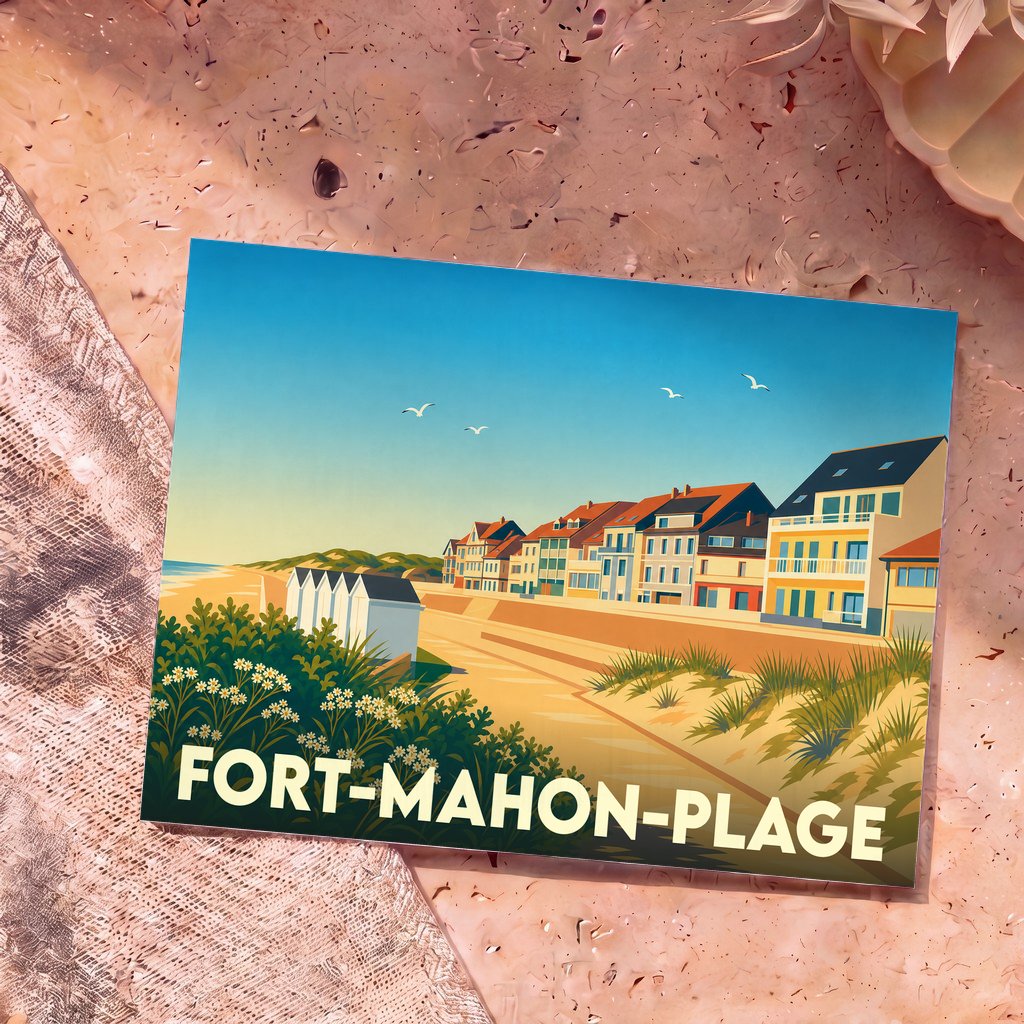 Carte postale souvenir de la ville de Fort-Mahon-Plage avec une illustration stylisée du front de mer.