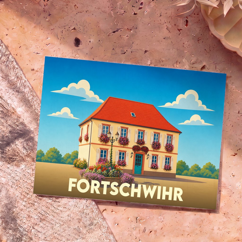Carte postale souvenir de la ville de Fortschwihr illustrant une maison traditionnelle alsacienne fleurie.
