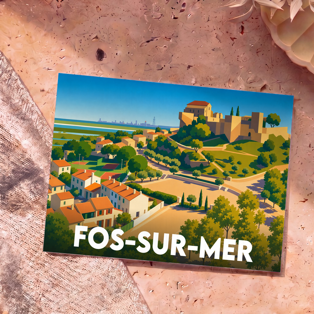 Carte postale souvenir de la ville de Fos-sur-Mer avec une illustration graphique colorée de son paysage urbain et historique.