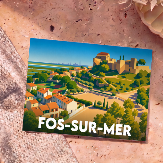 Carte postale souvenir de la ville de Fos-sur-Mer avec une illustration graphique colorée de son paysage urbain et historique.