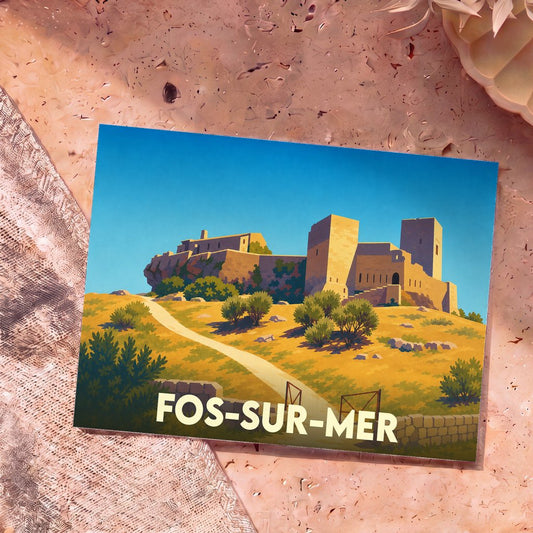 Carte postale souvenir de la ville de Fos-sur-Mer illustrant son château médiéval dans un style graphique et coloré.