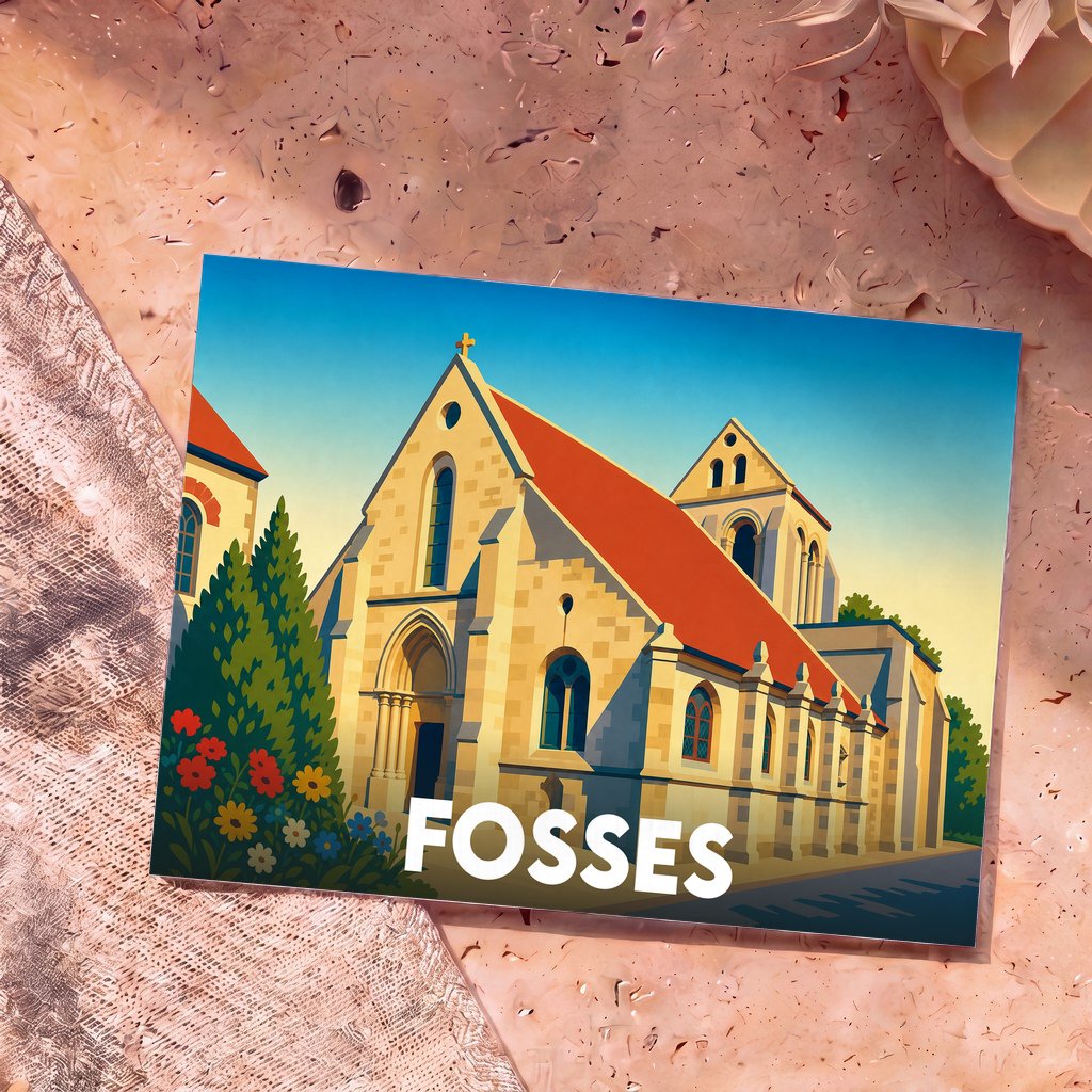 Carte postale souvenir de la ville de Fosses avec une illustration stylisée de son église.