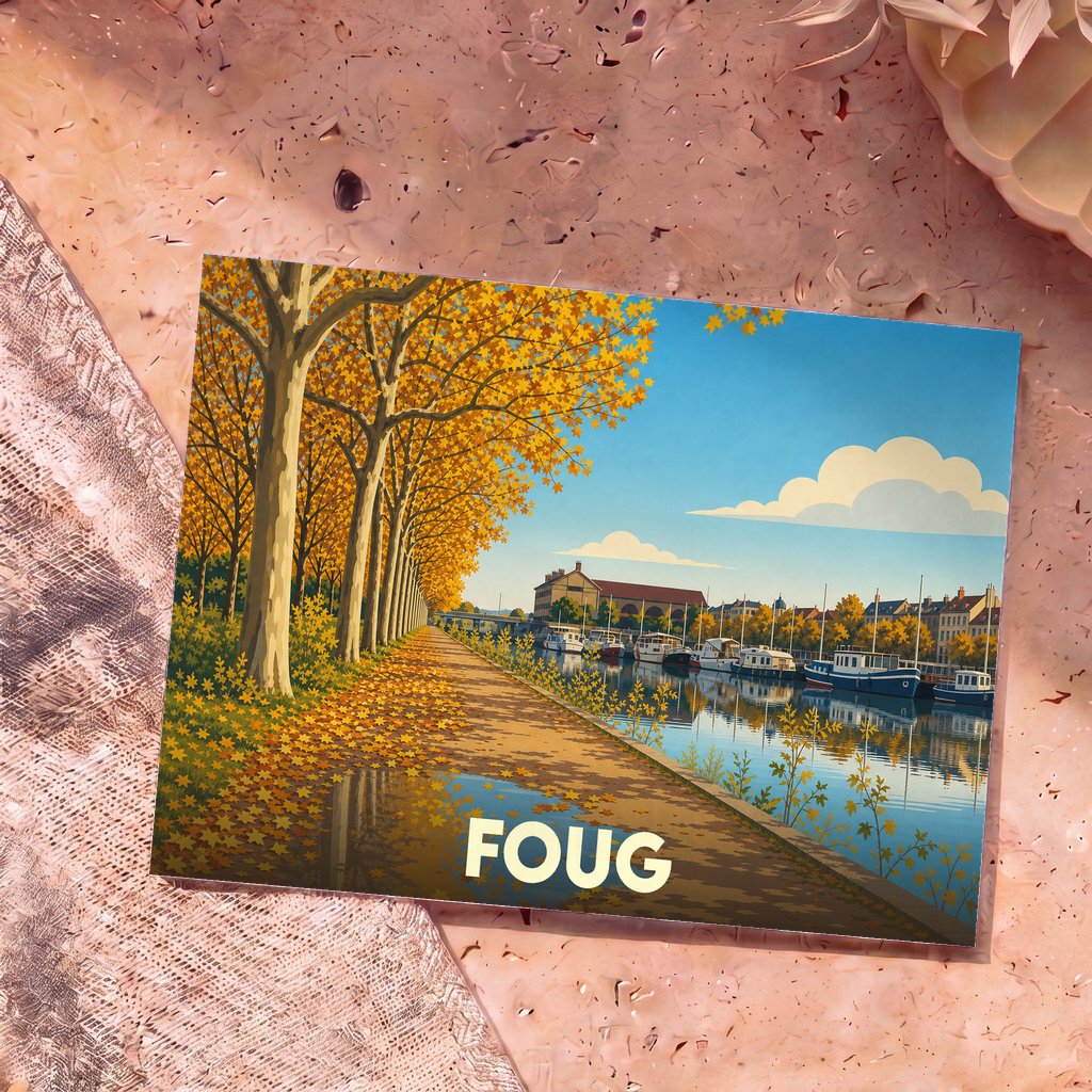 Carte postale souvenir de la ville de Foug avec une illustration stylisée d'un canal bordé d'arbres en automne.
