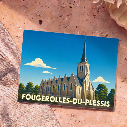 Carte postale souvenir de Fougerolles-du-Plessis illustrant son église dans un style graphique épuré.