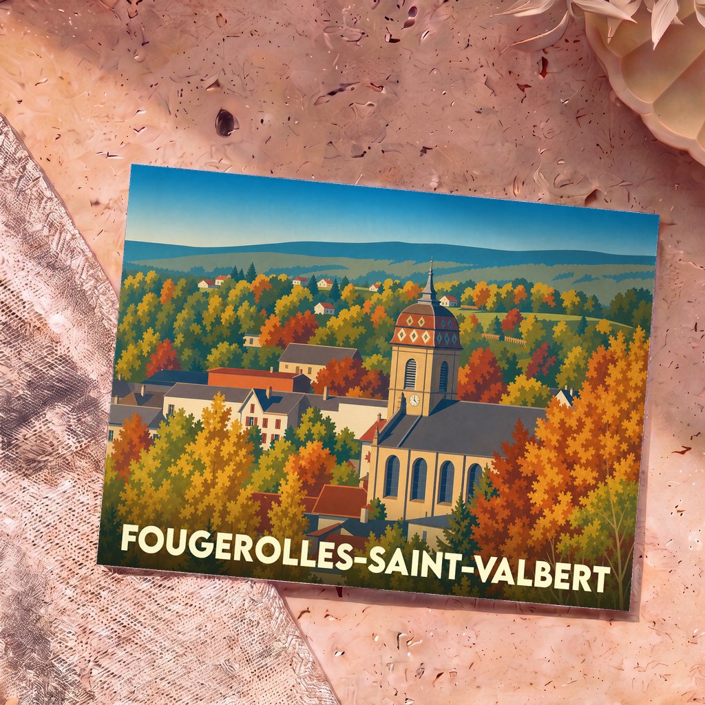 Carte postale souvenir de la ville de Fougerolles-Saint-Valbert avec une illustration stylisée de son église entourée d'arbres aux couleurs automnales.