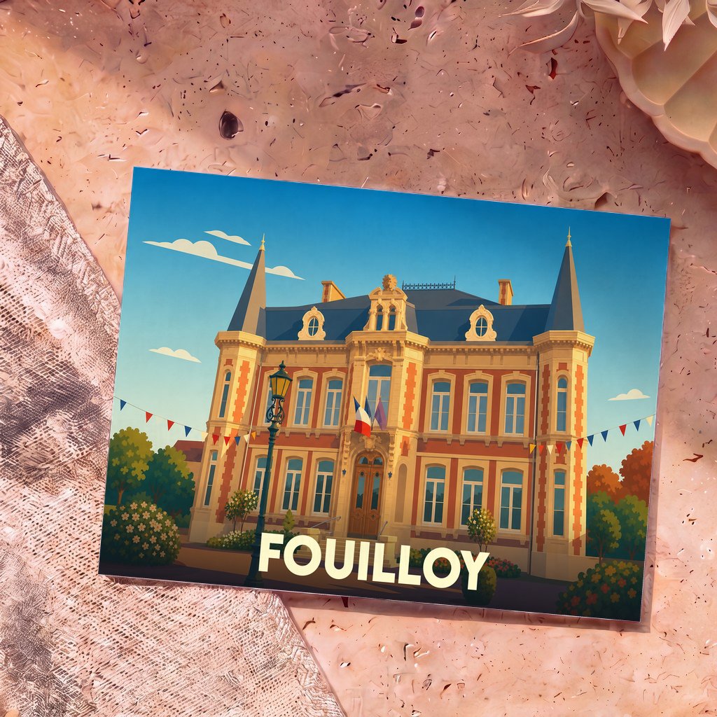 Carte postale souvenir de la ville de Fouilloy représentant son hôtel de ville dans un style illustré.