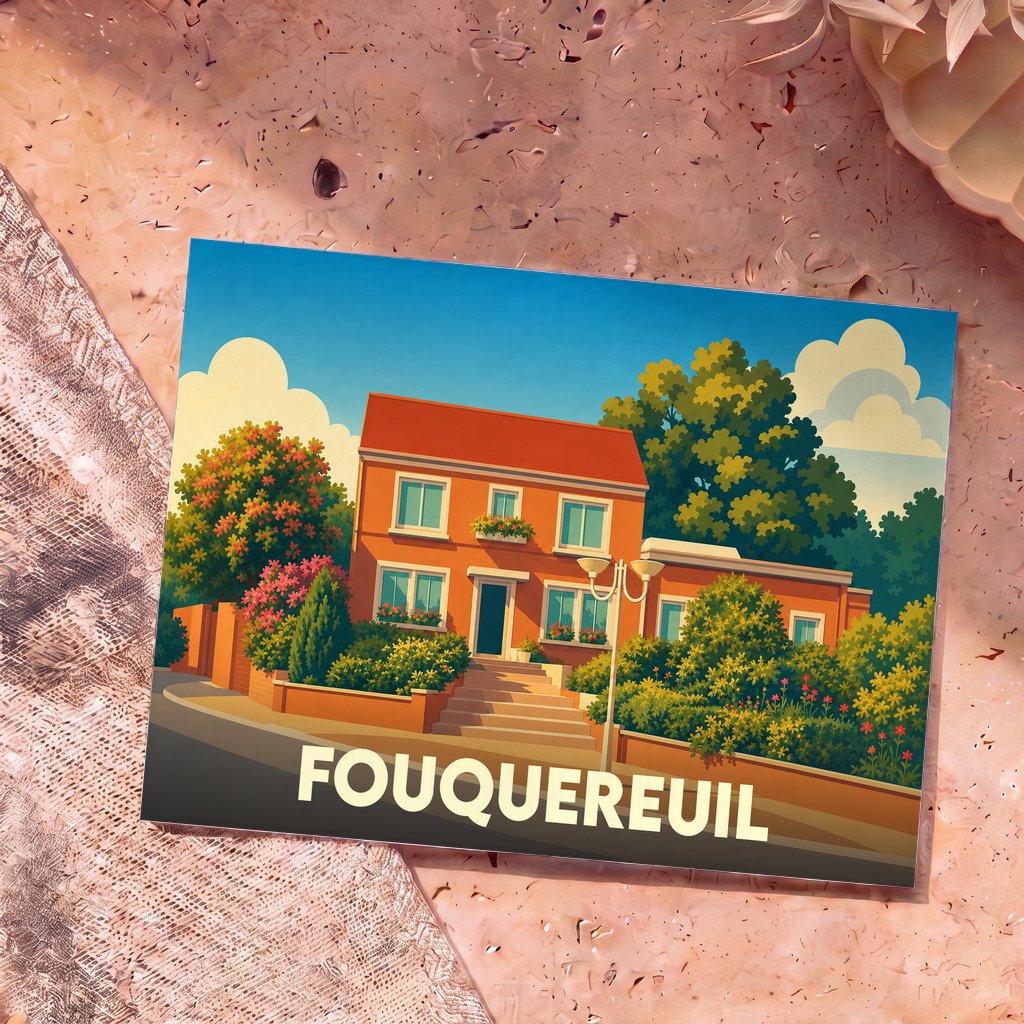 Carte postale souvenir de la ville de Fouquereuil illustrant une maison colorée et fleurie dans un style graphique épuré.