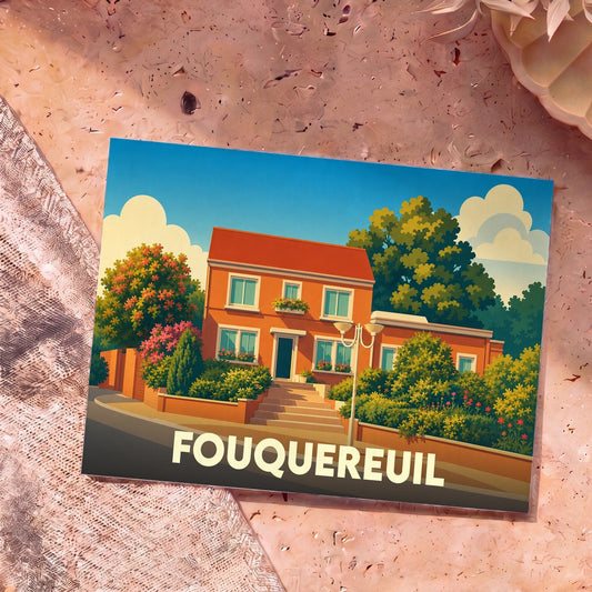 Carte postale souvenir de la ville de Fouquereuil illustrant une maison colorée et fleurie dans un style graphique épuré.