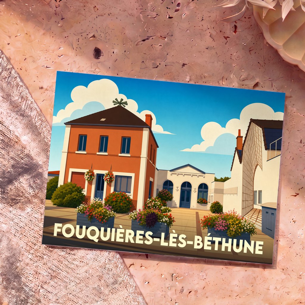 Carte postale souvenir de la ville de Fouquières-lès-Béthune avec une illustration stylisée et fleurie de son architecture.