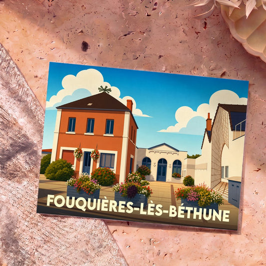 Carte postale souvenir de la ville de Fouquières-lès-Béthune avec une illustration stylisée et fleurie de son architecture.