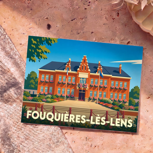 Carte postale souvenir de la ville de Fouquières-lès-Lens avec une illustration stylisée de sa mairie.