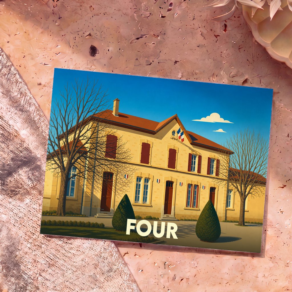 Carte postale souvenir de la ville de Four avec une illustration stylisée d'un bâtiment officiel sous un ciel bleu.