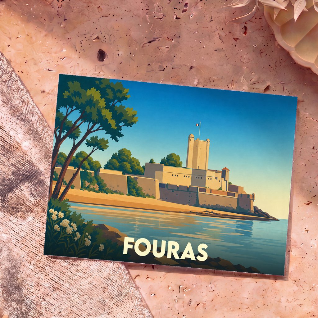 Carte postale souvenir de la ville de Fouras illustrant son fort et son front de mer dans un style rétro.