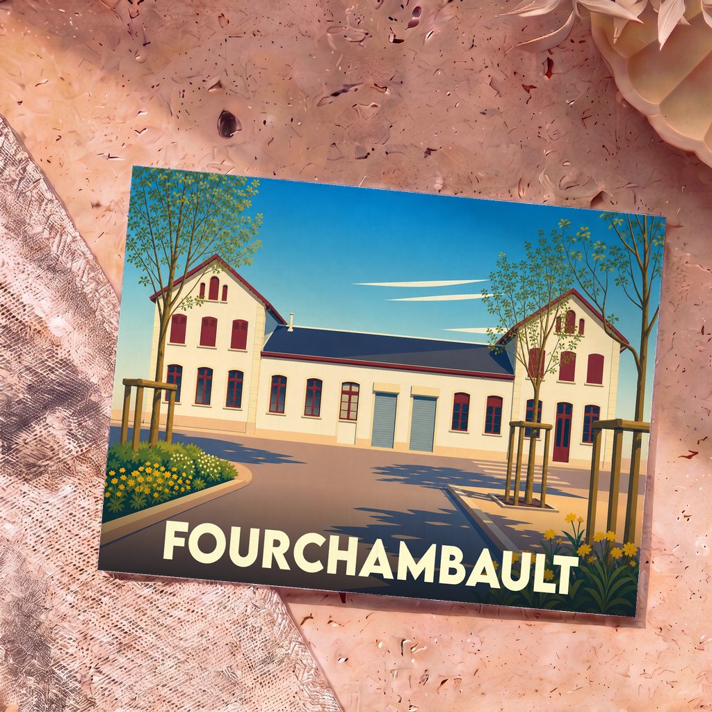 Carte postale souvenir de la ville de Fourchambault avec une illustration stylisée d'un bâtiment historique.