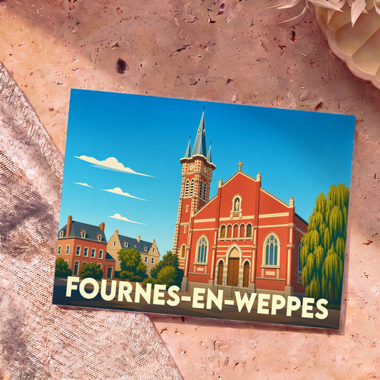 Carte postale souvenir de la ville de Fournes-en-Weppes avec une illustration stylisée de son église en briques rouges.