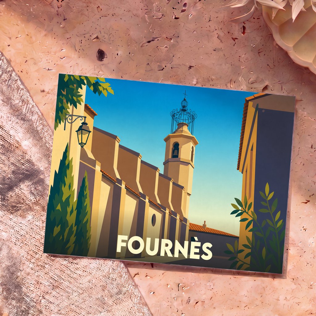 Carte postale souvenir de la ville de Fournès avec une illustration stylisée de son église sous un ciel bleu.