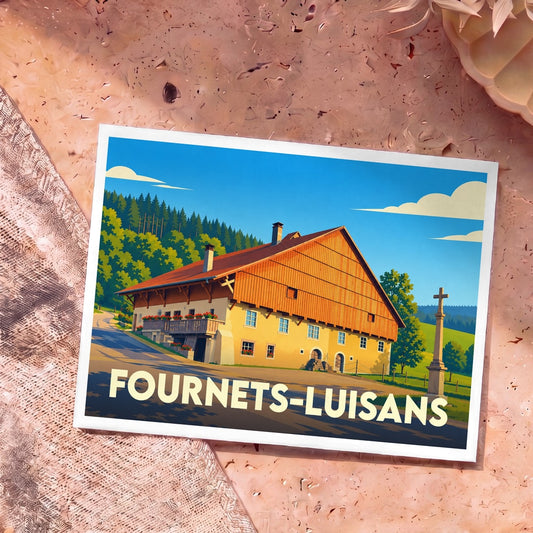 Carte postale souvenir de Fournets-Luisans avec une illustration stylisée d'une ferme traditionnelle comtoise.