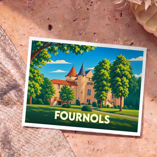 Carte postale souvenir de la ville de Fournols avec une illustration stylisée de son château et de son parc arboré.