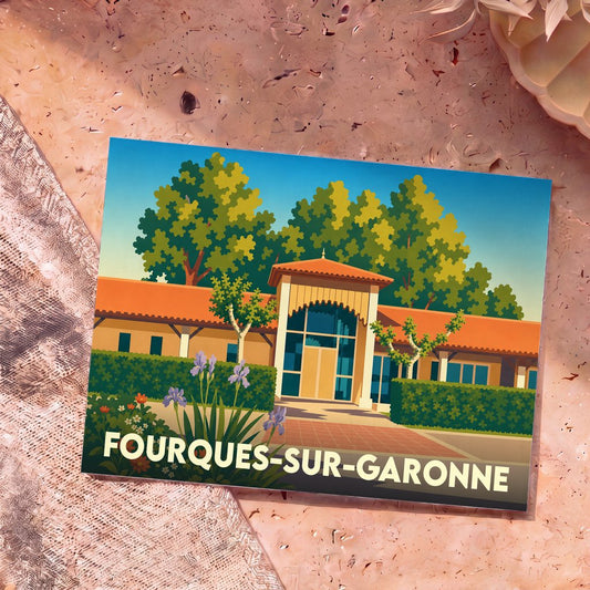 Carte postale souvenir de la ville de Fourques-sur-Garonne avec une illustration stylisée de sa salle des fêtes.