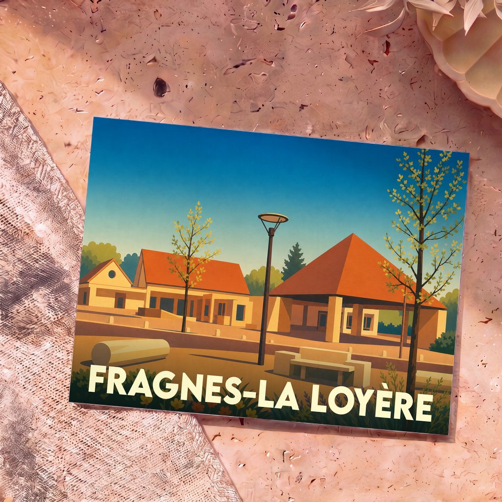 Carte postale souvenir de Fragnes-La Loyère illustrant la ville dans un style graphique épuré et coloré.