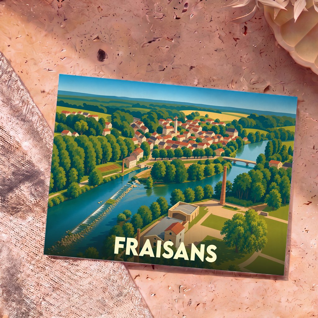 Carte postale souvenir de la ville de Fraisans avec une illustration stylisée.