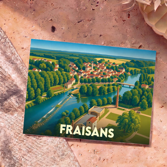 Carte postale souvenir de la ville de Fraisans avec une illustration stylisée.
