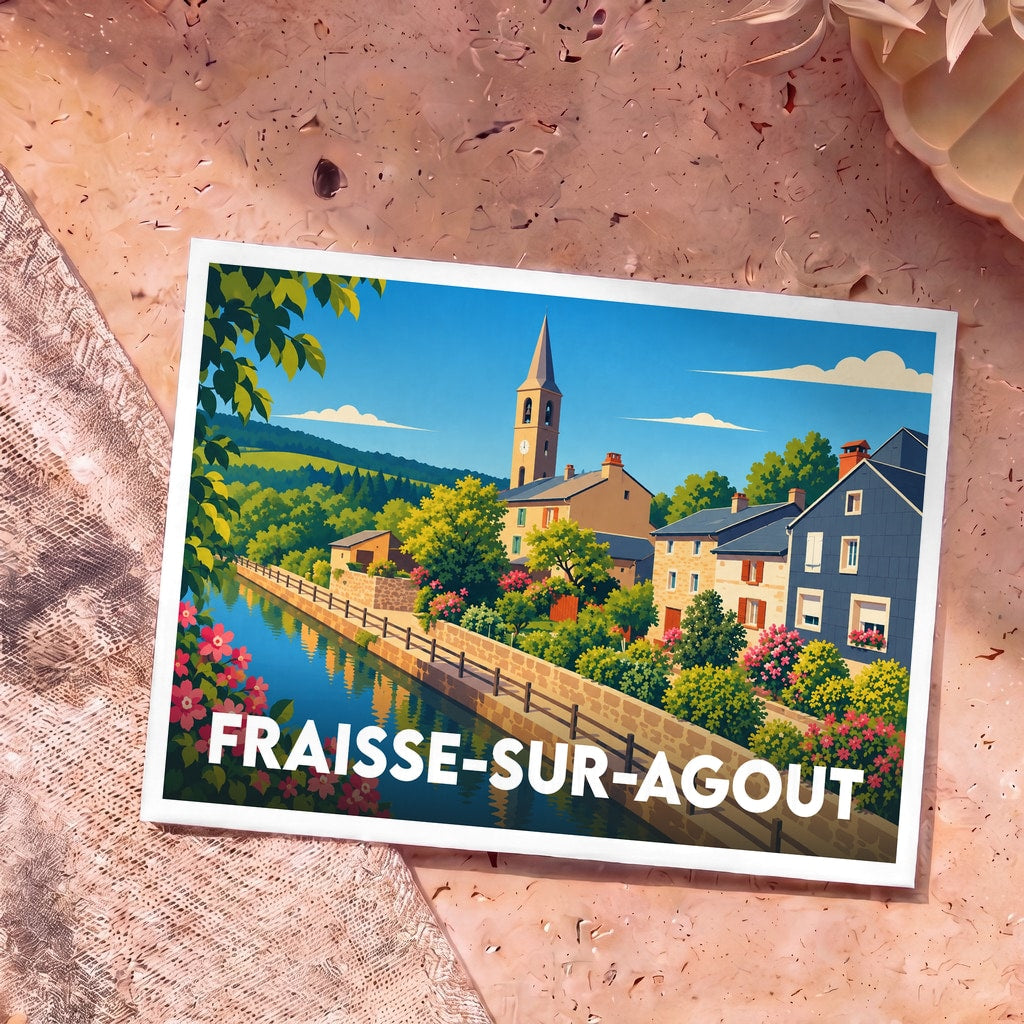 Carte postale souvenir de la ville de Fraisse-sur-Agout avec une illustration stylisée et colorée.