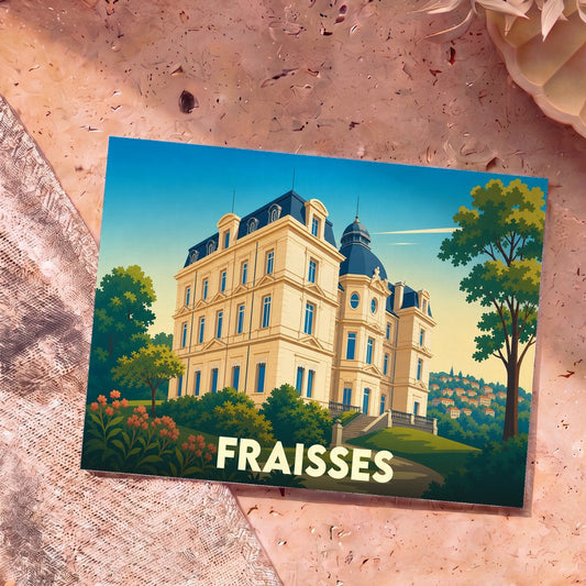 Carte postale souvenir de la ville de Fraisses illustrant son château dans un style vintage coloré.