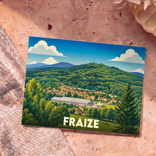 Carte postale souvenir de la ville de Fraize illustrée par un paysage de montagne boisé et coloré.