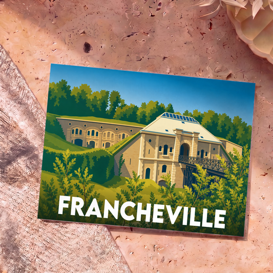 Carte postale souvenir de la ville de Francheville avec une illustration stylisée de son fort historique.