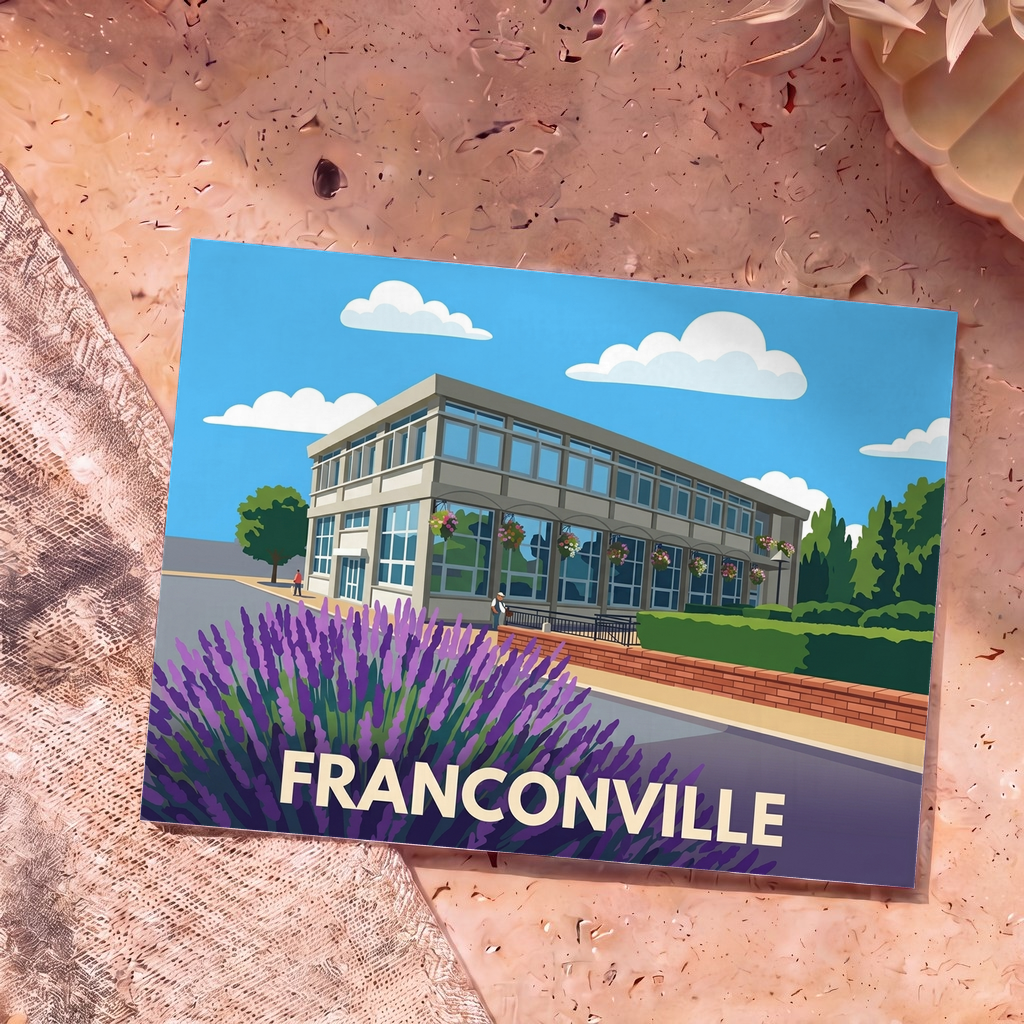 Carte postale souvenir de la ville de Franconville arborant une illustration stylisée de l'hôtel de ville avec des fleurs de lavande au premier plan.