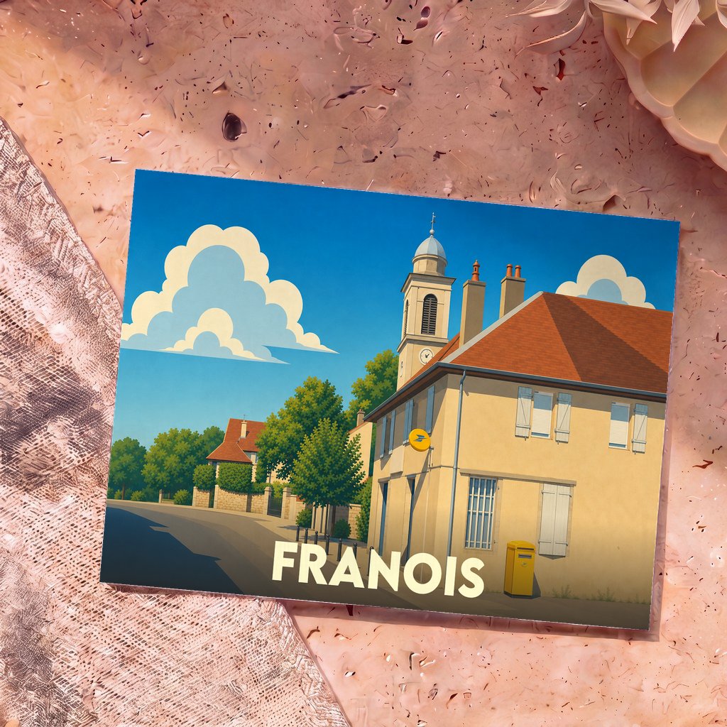 Carte postale souvenir de la ville de Franois avec une illustration stylisée d'un bâtiment emblématique sous un ciel bleu.