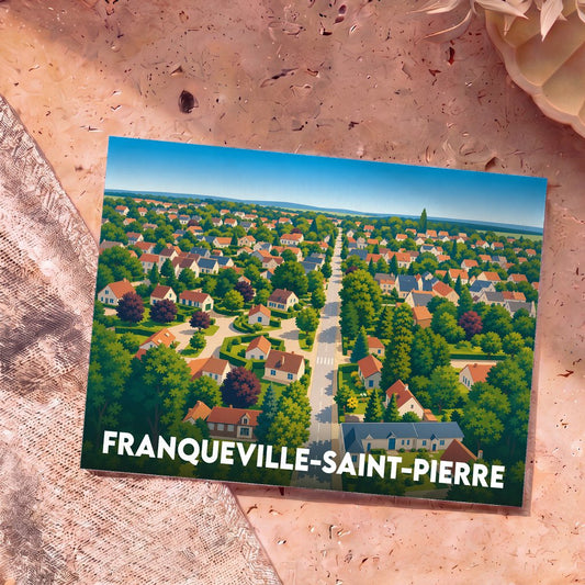Carte postale souvenir de Franqueville-Saint-Pierre illustrant une vue aérienne stylisée et verdoyante de la ville.