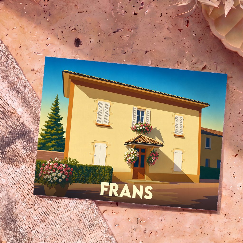 Carte postale souvenir de la ville de Frans avec une illustration stylisée d'une maison traditionnelle fleurie.