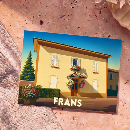 Carte postale souvenir de la ville de Frans avec une illustration stylisée d'une maison traditionnelle fleurie.