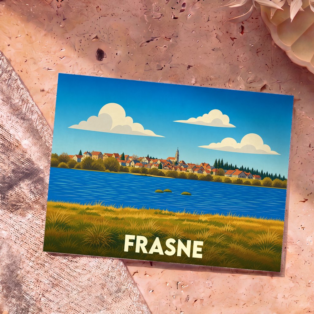 Carte postale souvenir de la ville de Frasne illustrant un village au bord de l'eau dans un style graphique épuré.