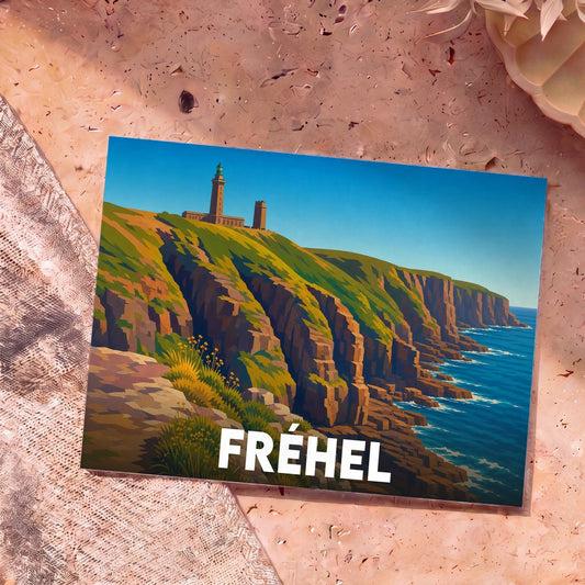 Carte postale souvenir de la ville de Fréhel illustrant son phare et ses falaises escarpées dans un style graphique épuré.