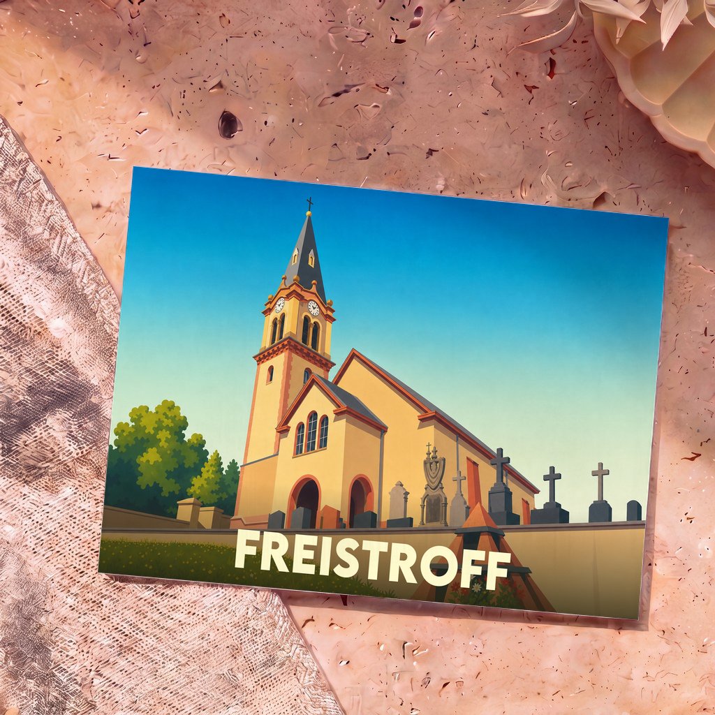Carte postale souvenir de la ville de Freistroff avec une illustration stylisée de son église et de son cimetière.