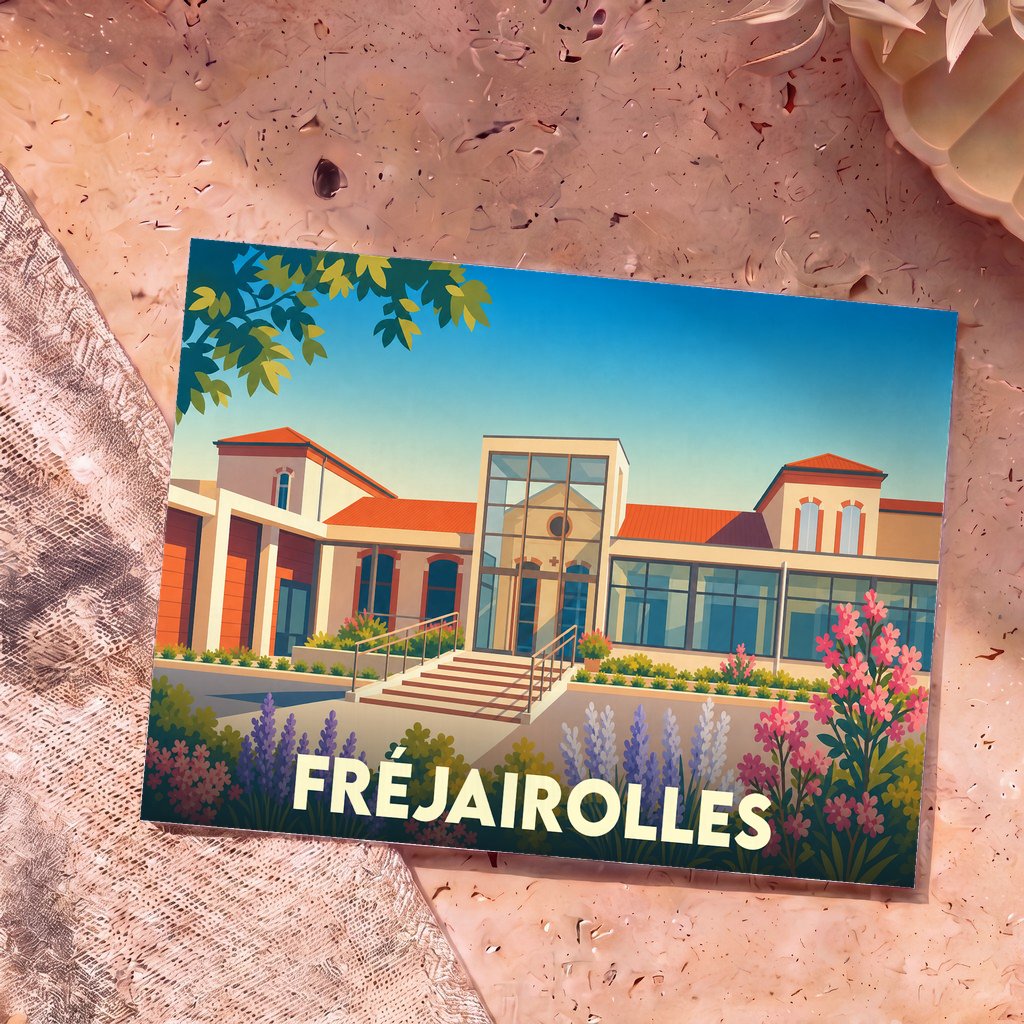 Carte postale souvenir de la ville de Fréjairolles avec une illustration stylisée de sa mairie fleurie.