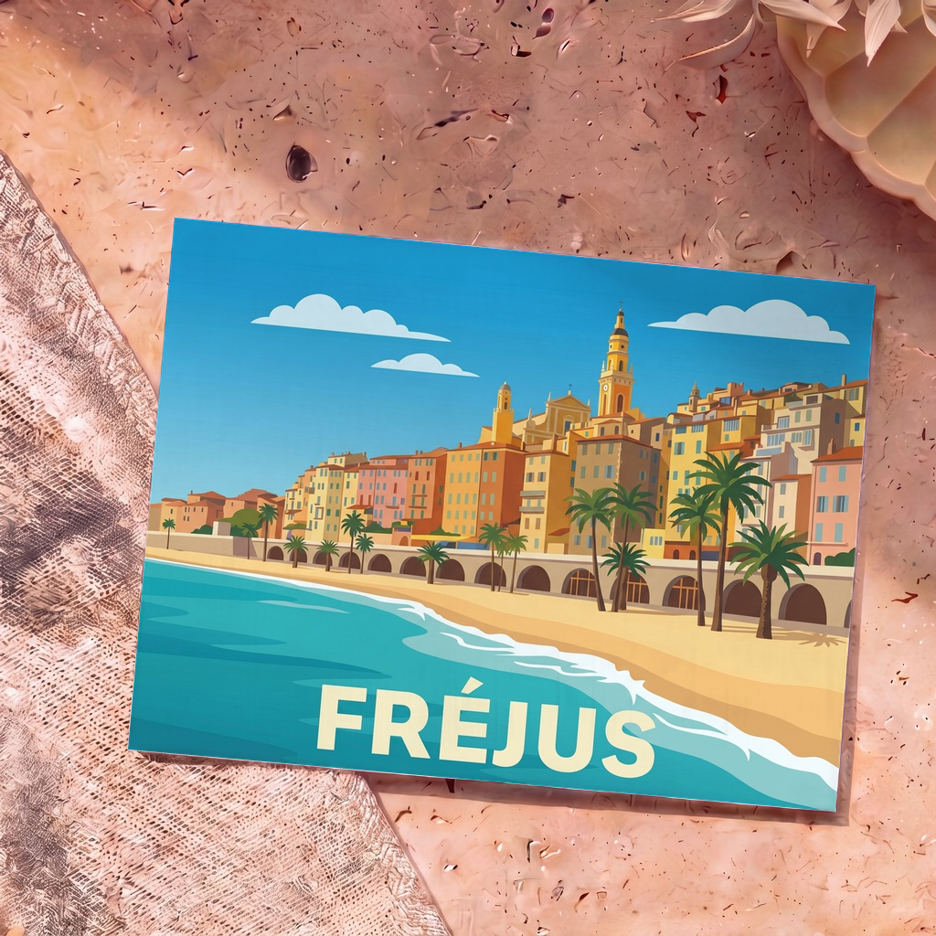 Carte postale souvenir de la ville de Fréjus illustrant son bord de mer et son architecture colorée dans un style rétro.