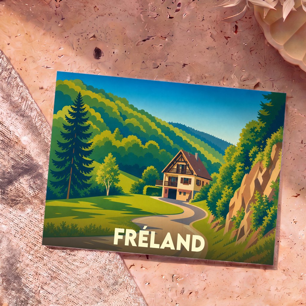 Carte postale souvenir de la ville de Fréland avec une illustration stylisée d'un chalet dans la montagne.