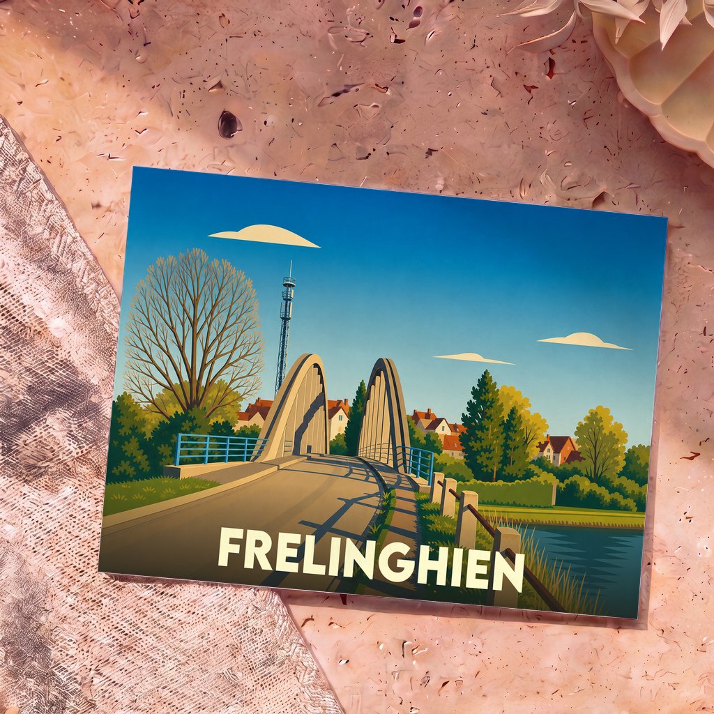 Carte postale souvenir de la ville de Frelinghien illustrant son pont emblématique dans un style graphique épuré.