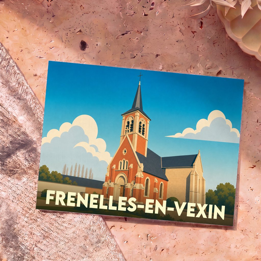 Carte postale souvenir de la ville de Frenelles-en-Vexin avec une illustration stylisée de son église sous un ciel azur.
