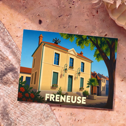 Carte postale souvenir de la ville de Freneuse avec une illustration stylisée d'une maison de ville ensoleillée.