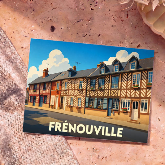 Carte postale souvenir de la ville de Frénouville avec une illustration stylisée de maisons à colombages.
