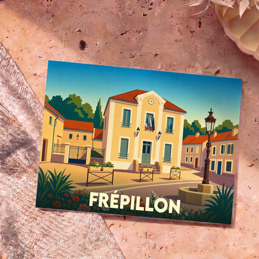 Carte postale souvenir de la ville de Frépillon avec une illustration stylisée de son hôtel de ville.